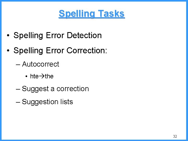Spelling Tasks • Spelling Error Detection • Spelling Error Correction: – Autocorrect • hte