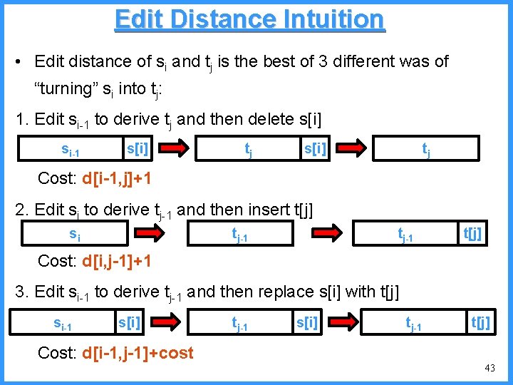 Edit Distance Intuition • Edit distance of si and tj is the best of