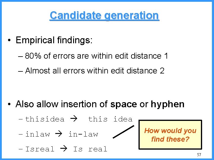 Candidate generation • Empirical findings: – 80% of errors are within edit distance 1