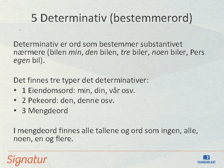 5 Determinativ (bestemmerord) Determinativ er ord som bestemmer substantivet nærmere (bilen min, den bilen,