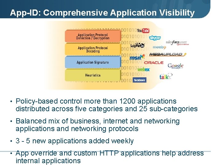 App-ID: Comprehensive Application Visibility • Policy-based control more than 1200 applications distributed across five