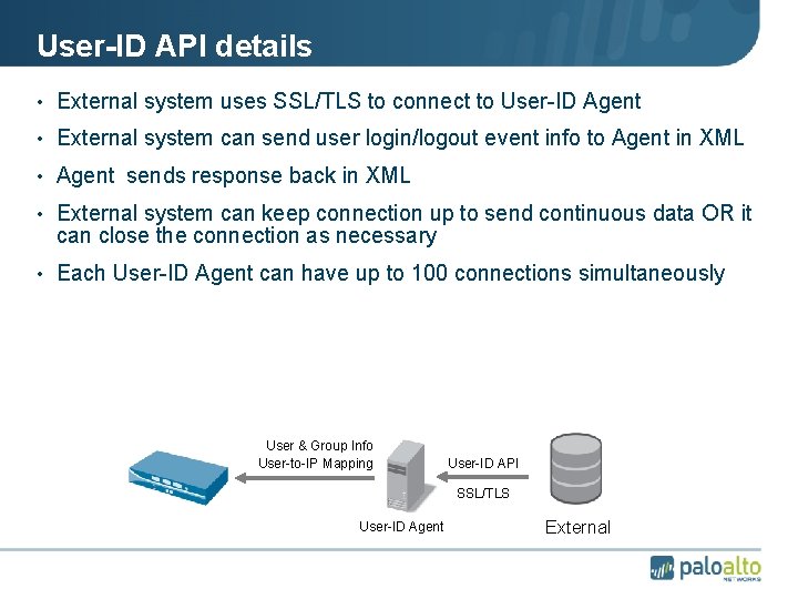 User-ID API details • External system uses SSL/TLS to connect to User-ID Agent •