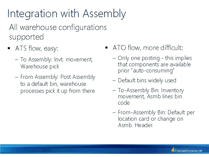 Integration with Assembly All warehouse configurations supported § ATS flow, easy: ‒ To Assembly: