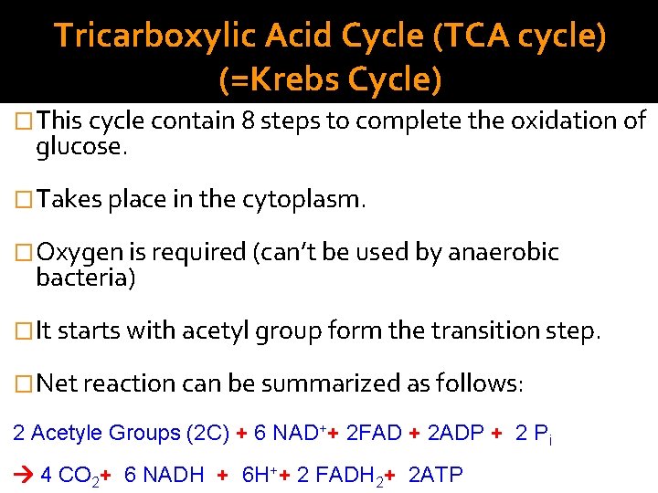 Tricarboxylic Acid Cycle (TCA cycle) (=Krebs Cycle) �This cycle contain 8 steps to complete