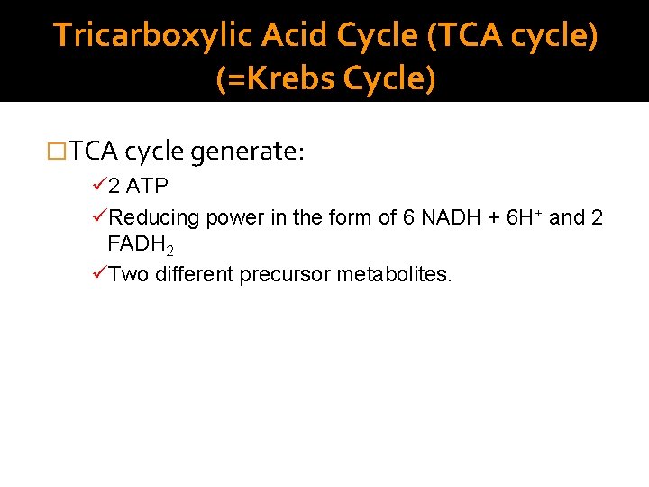 Tricarboxylic Acid Cycle (TCA cycle) (=Krebs Cycle) �TCA cycle generate: ü 2 ATP üReducing