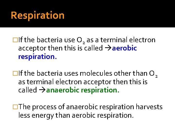 Respiration �If the bacteria use O 2 as a terminal electron acceptor then this