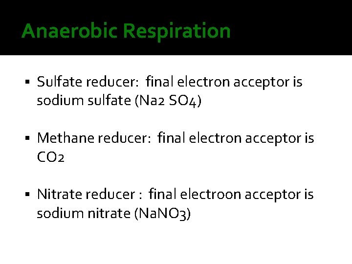 Anaerobic Respiration Sulfate reducer: final electron acceptor is sodium sulfate (Na 2 SO 4)