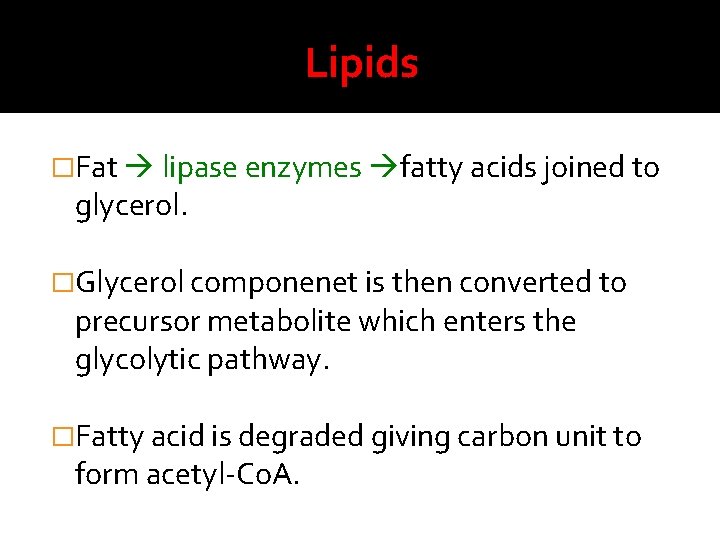 Lipids �Fat lipase enzymes fatty acids joined to glycerol. �Glycerol componenet is then converted