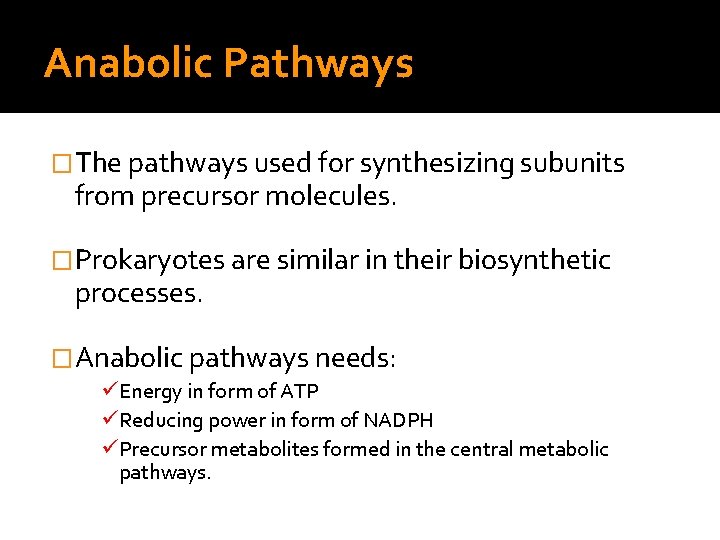 Anabolic Pathways �The pathways used for synthesizing subunits from precursor molecules. �Prokaryotes are similar