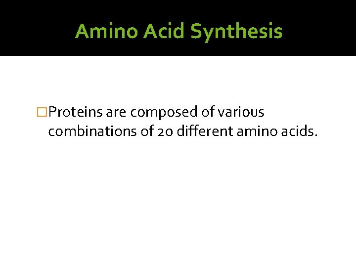 Amino Acid Synthesis �Proteins are composed of various combinations of 20 different amino acids.