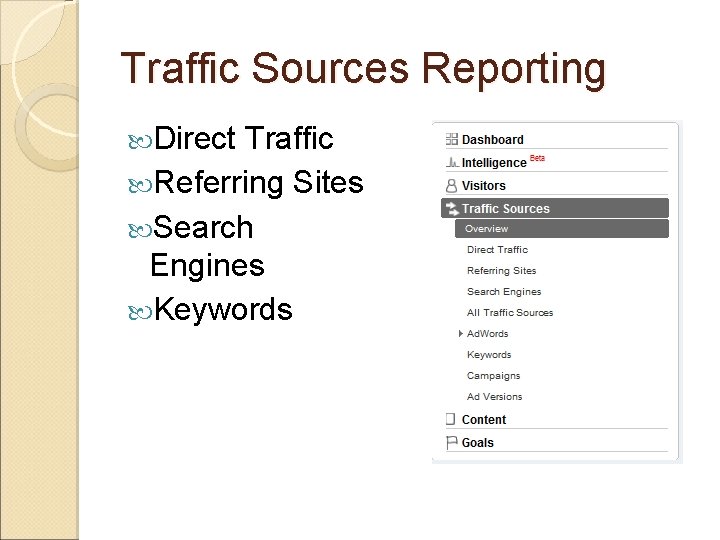 Traffic Sources Reporting Direct Traffic Referring Sites Search Engines Keywords 