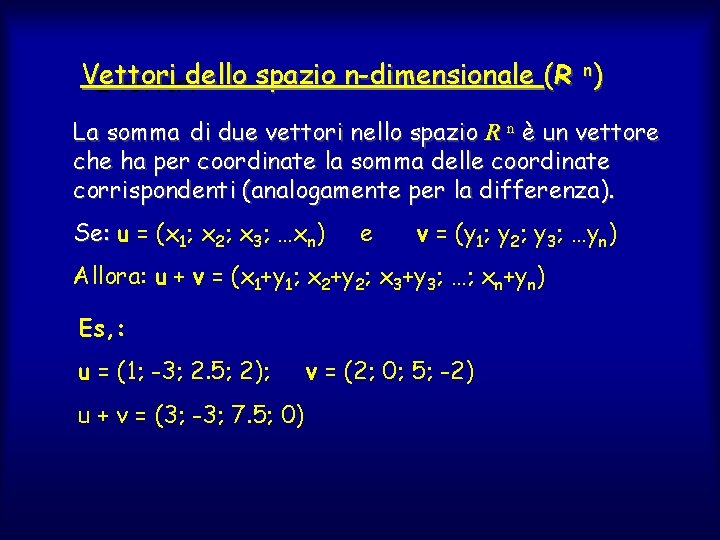 n) Vettori dello spazio n-dimensionale ( R I vettori La somma di due vettori