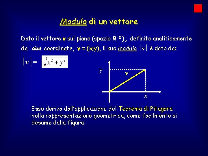 Modulo di un vettore Dato il vettore v sul piano (spazio R 2 ),