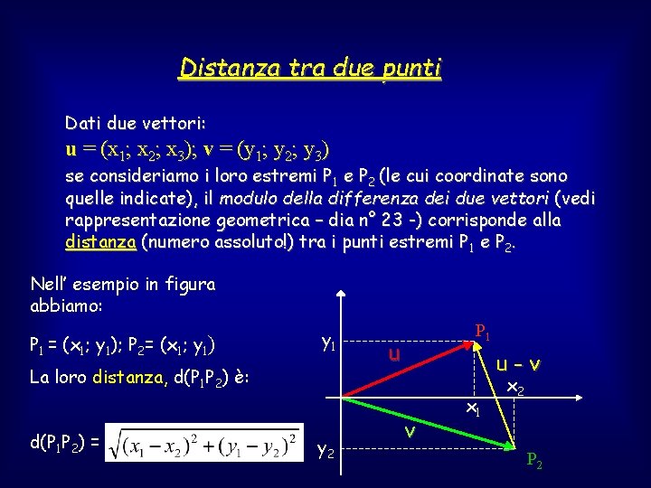 Distanza tra due punti Dati due vettori: u = (x 1; x 2; x