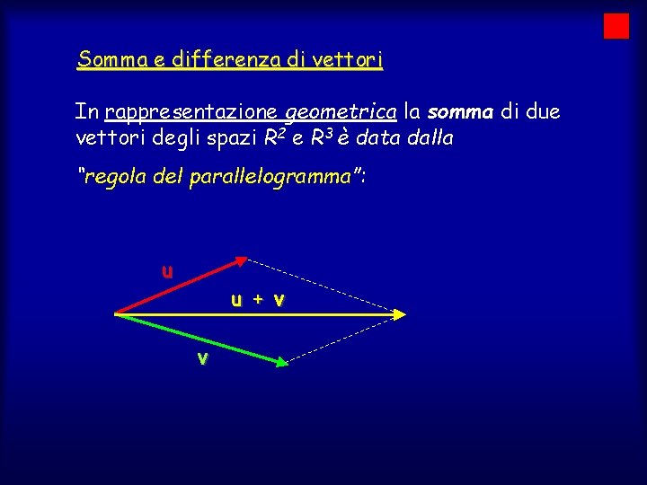Somma e differenza di vettori In rappresentazione geometrica la somma di due vettori degli