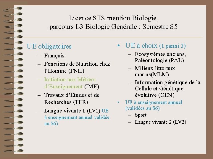 Licence STS mention Biologie, parcours L 3 Biologie Générale : Semestre S 5 UE
