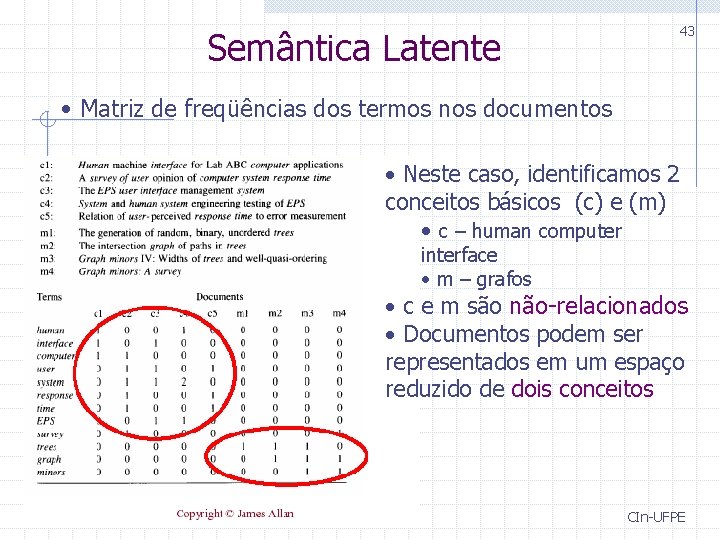 Semântica Latente 43 • Matriz de freqüências dos termos nos documentos • Neste caso,