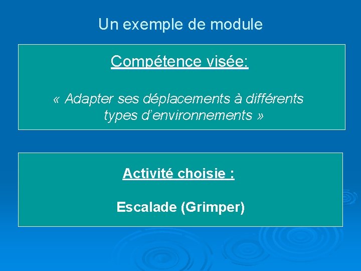 Un exemple de module Compétence visée: « Adapter ses déplacements à différents types d’environnements