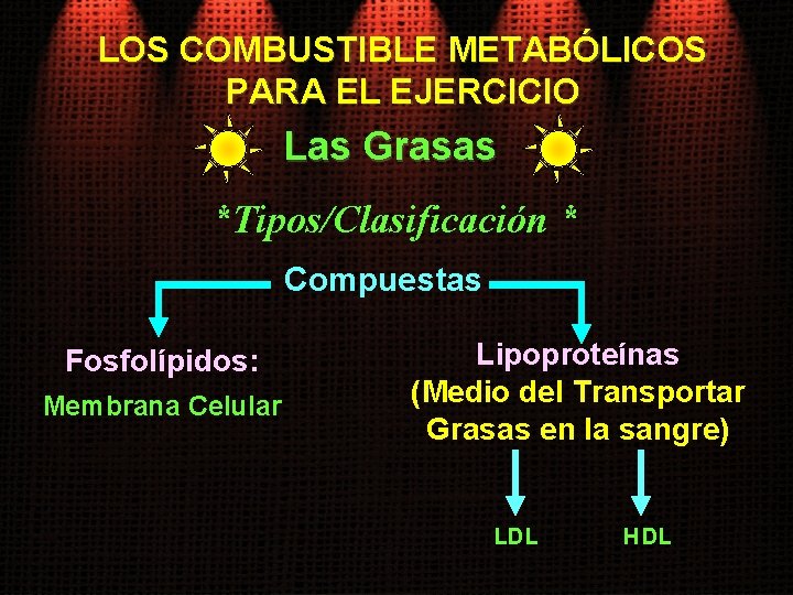 LOS COMBUSTIBLE METABÓLICOS PARA EL EJERCICIO Las Grasas *Tipos/Clasificación * Compuestas Fosfolípidos: Membrana Celular