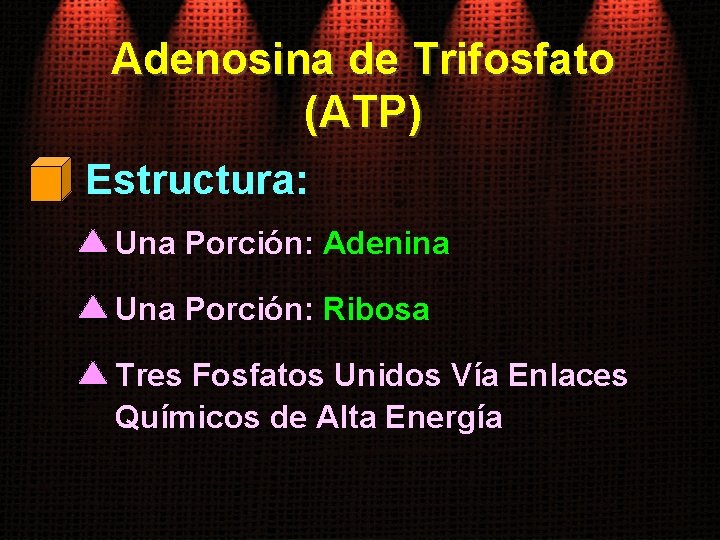 Adenosina de Trifosfato (ATP) Estructura: Una Porción: Adenina Una Porción: Ribosa Tres Fosfatos Unidos