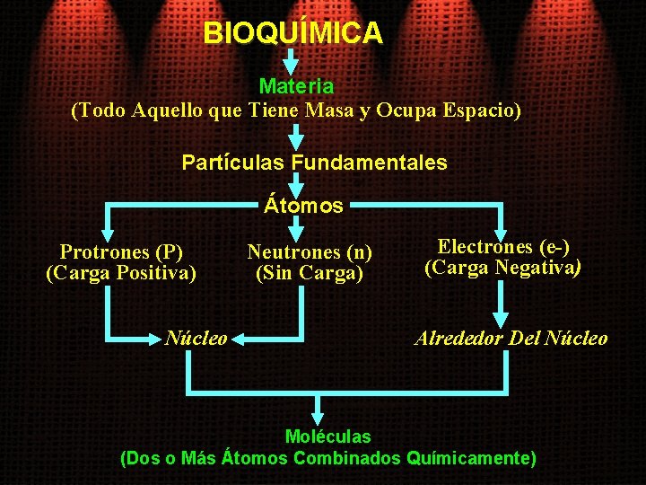 BIOQUÍMICA Materia (Todo Aquello que Tiene Masa y Ocupa Espacio) Partículas Fundamentales Átomos Protrones