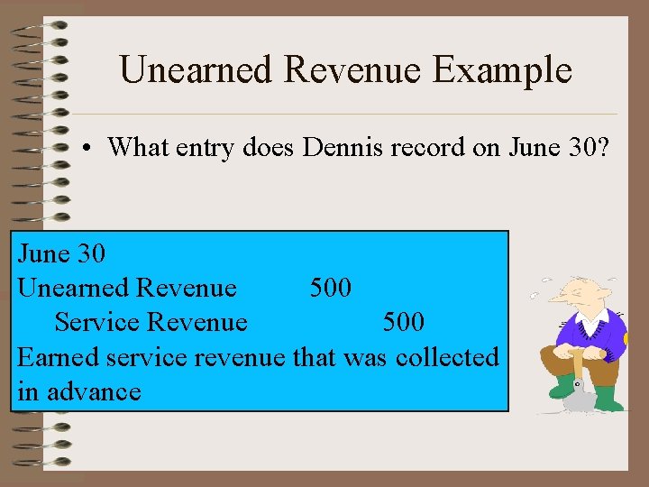 Unearned Revenue Example • What entry does Dennis record on June 30? June 30