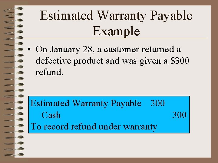 Estimated Warranty Payable Example • On January 28, a customer returned a defective product
