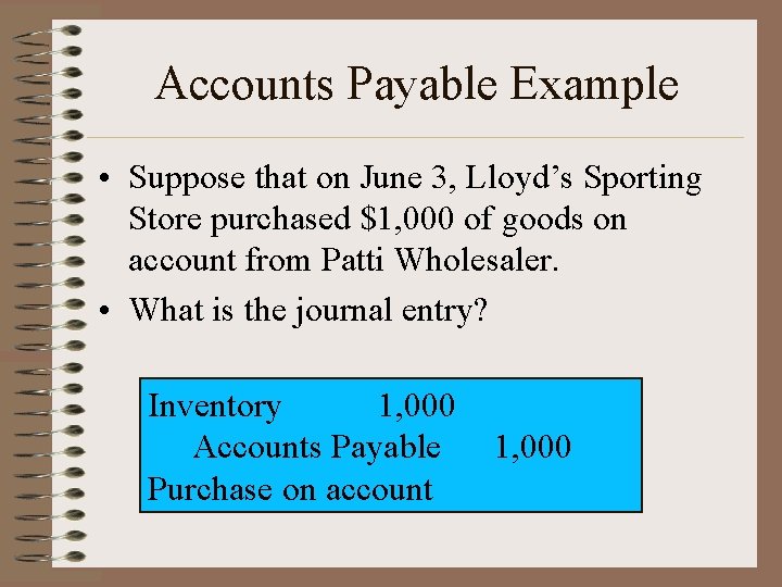 Accounts Payable Example • Suppose that on June 3, Lloyd’s Sporting Store purchased $1,