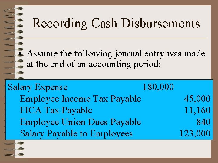 Recording Cash Disbursements • Assume the following journal entry was made at the end