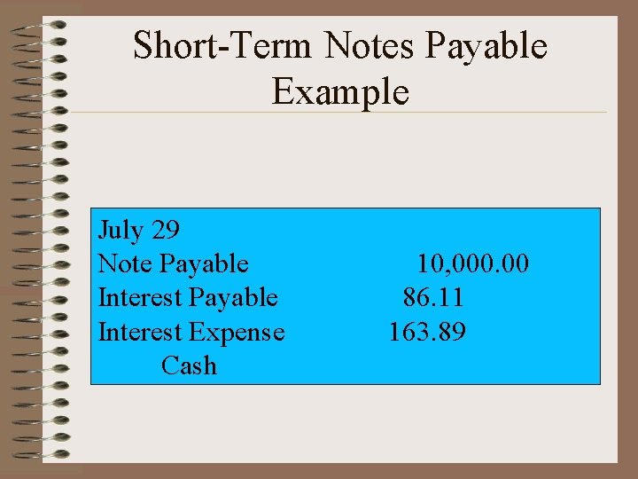 Short-Term Notes Payable Example July 29 Note Payable Interest Expense Cash 10, 000. 00