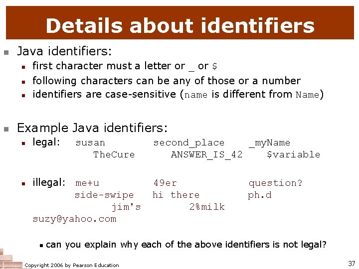 Details about identifiers Java identifiers: first character must a letter or _ or $