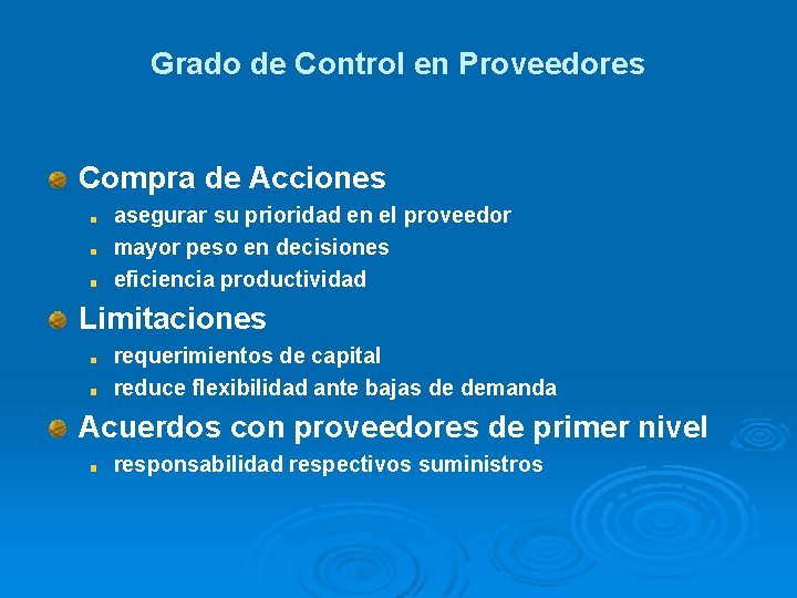 Grado de Control en Proveedores Compra de Acciones asegurar su prioridad en el proveedor