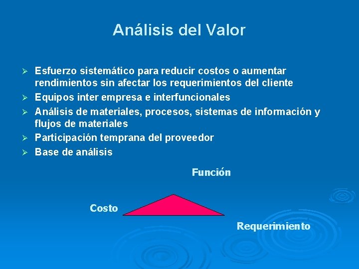 Análisis del Valor Ø Ø Ø Esfuerzo sistemático para reducir costos o aumentar rendimientos