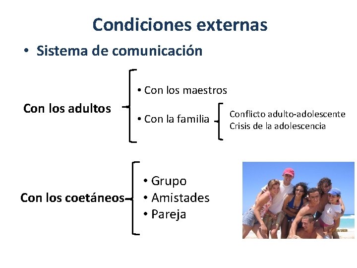 Condiciones externas • Sistema de comunicación • Con los maestros Con los adultos Con