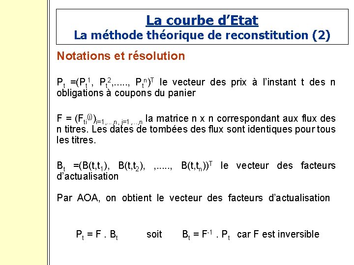 La courbe d’Etat La méthode théorique de reconstitution (2) Notations et résolution Pt =(Pt