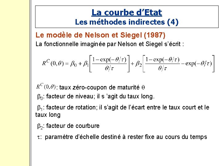 La courbe d’Etat Les méthodes indirectes (4) Le modèle de Nelson et Siegel (1987)