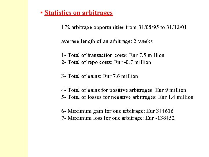  • Statistics on arbitrages 172 arbitrage opportunities from 31/05/95 to 31/12/01 average length