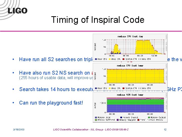 Timing of Inspiral Code • Have run all S 2 searches on triple coincident