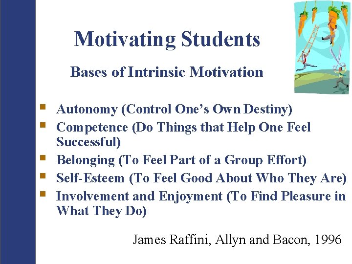 Motivating Students Bases of Intrinsic Motivation § § § Autonomy (Control One’s Own Destiny)