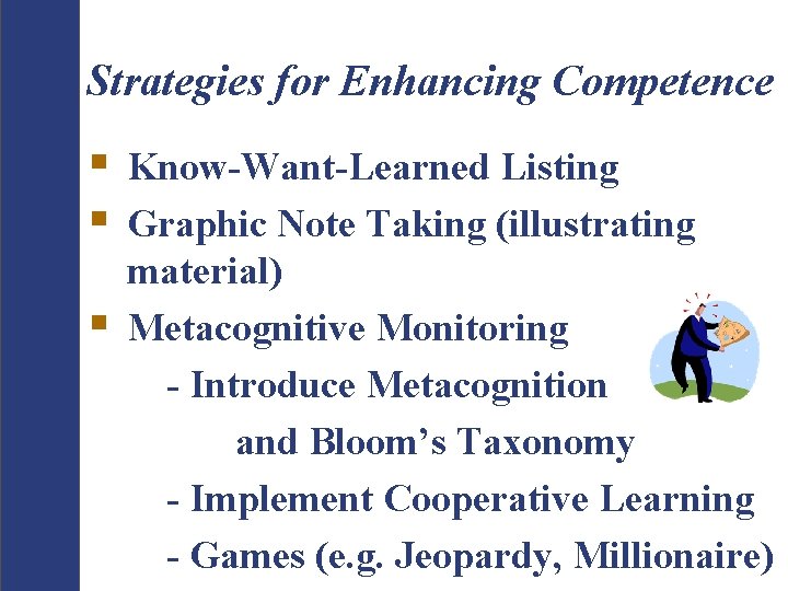 Strategies for Enhancing Competence § § § Know-Want-Learned Listing Graphic Note Taking (illustrating material)