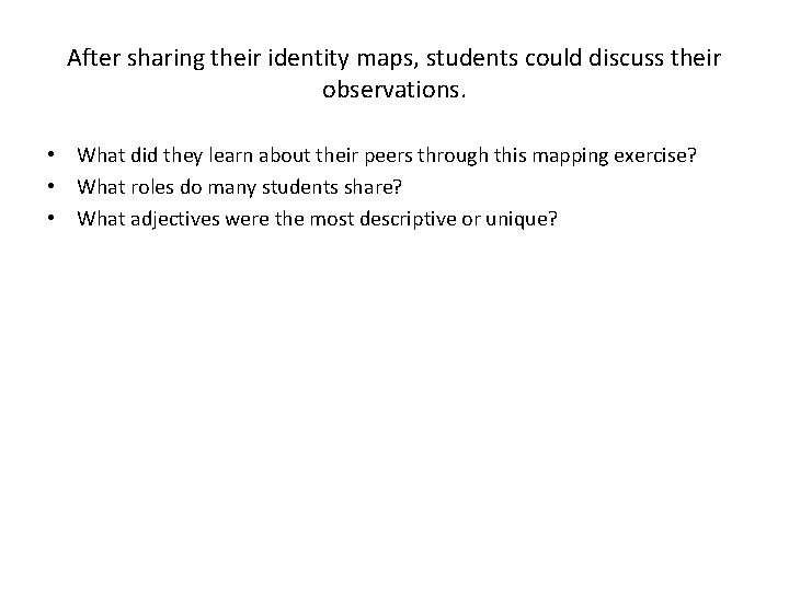 After sharing their identity maps, students could discuss their observations. • What did they