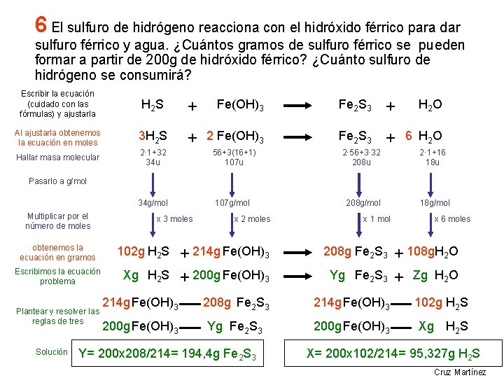 6 El sulfuro de hidrógeno reacciona con el hidróxido férrico para dar sulfuro férrico