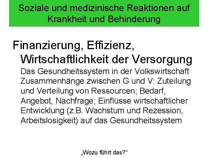 Soziale und medizinische Reaktionen auf Krankheit und Behinderung Finanzierung, Effizienz, Wirtschaftlichkeit der Versorgung Das