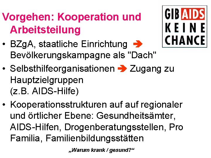 Vorgehen: Kooperation und Arbeitsteilung • BZg. A, staatliche Einrichtung Bevölkerungskampagne als "Dach" • Selbsthilfeorganisationen