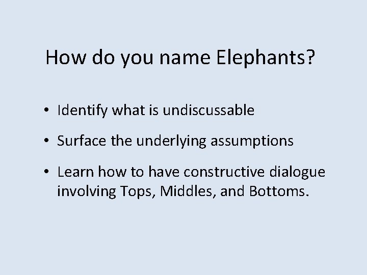 How do you name Elephants? • Identify what is undiscussable • Surface the underlying