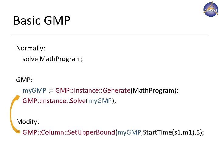 Basic GMP Normally: solve Math. Program; GMP: my. GMP : = GMP: : Instance: Basic GMP Normally: solve Math. Program; GMP: my. GMP : = GMP: : Instance: