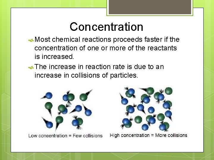 Concentration Most chemical reactions proceeds faster if the concentration of one or more of