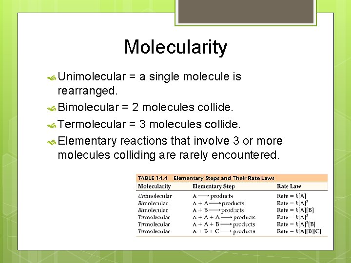 Molecularity Unimolecular = a single molecule is rearranged. Bimolecular = 2 molecules collide. Termolecular
