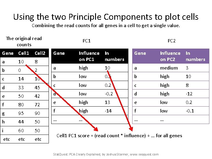 Using the two Principle Components to plot cells Combining the read counts for all