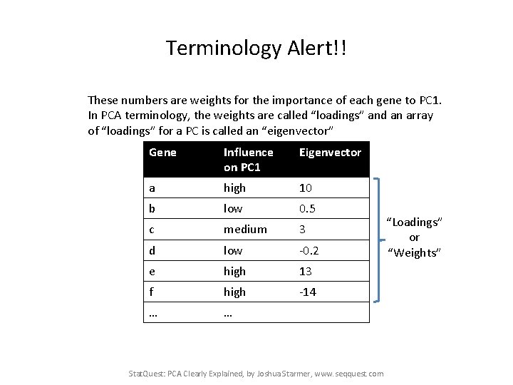 Terminology Alert!! These numbers are weights for the importance of each gene to PC